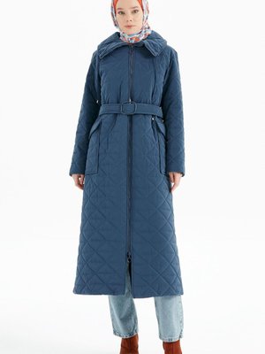 Cepli Kuşaklı Kapitone Manto İndigo Cepli Kuşaklı Kapitone Manto İndigo