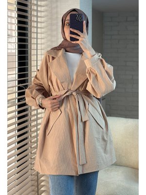 Krem Kabartma Desenli Trençkot