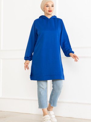 Kapüşonlu Tunik Sweatshirt Saks Mavi Kapüşonlu Tunik Sweatshirt Saks Mavi