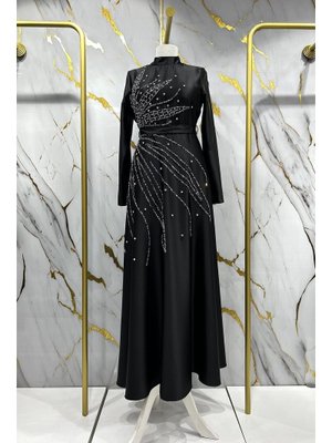 Siyah Saren Saten Abiye Elbise