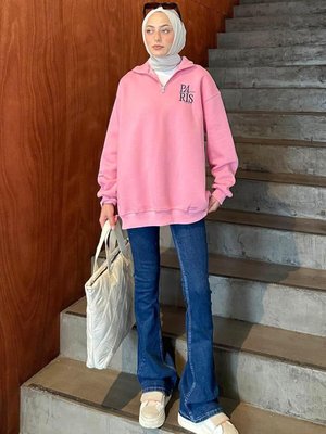 Fermuar Yakalı Paris Nakışlı Sweatshirt Pembe