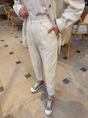 Ekru Varaklı Gabardin Pantolon