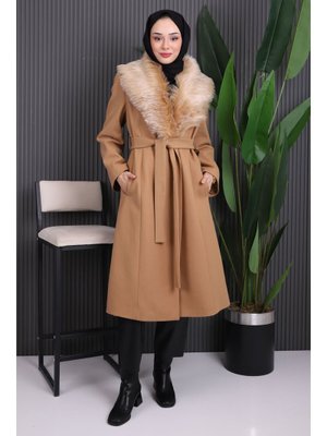 Camel Yaka Kürklü Kaşe Kaban Camel Yaka Kürklü Kaşe Kaban