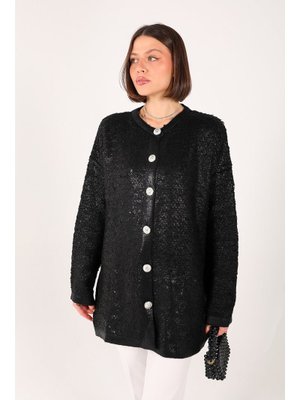 Siyah Varaklı Düğmeli Hırka