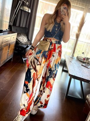 Renkli Dökümlü Pileli Viskon Pantolon