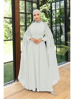 Beyaz Laren Şifon Abiye Elbise