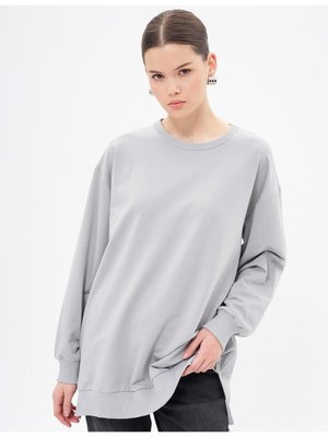 Sıfır Yaka Düşük Omuz Sweatshirt Gri