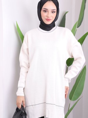 Krem Bisiklet Yaka İnce Örgü Triko Tunik Krem Bisiklet Yaka İnce Örgü Triko Tunik