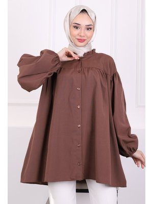 Kahverengi Yaka Fırfırlı Balon Kol Tunik