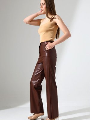 Kadın Cepli /bol Paça Deri Pantolon /faux Leather Pants