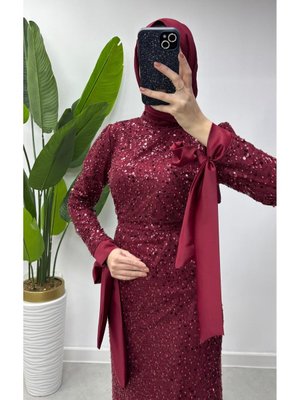 İnci Ve Payet İşlemeli Kolları Fiyonk Detaylı Yenı Sezon Abiye Elbise