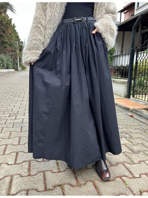 Raena Siyah Büzgülü Kemerli Etek