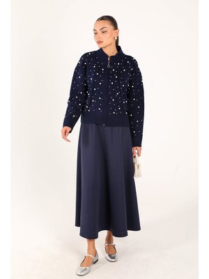 Lacivert İncili Triko Hırka