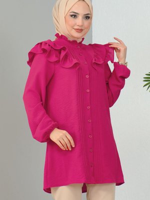Omuz Fırfırlı Tunik Fuşya