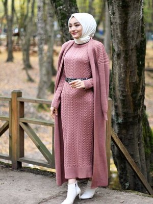 Pudra Saç Örgü Desenli Triko Elbise Hırka Takım Pudra Saç Örgü Desenli Triko Elbise Hırka Takım