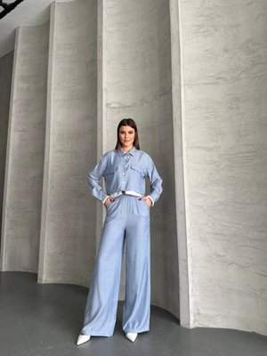 Mavi Cep Detaylı Geniş Paça Crop Gömlek Takım Mavi Cep Detaylı Geniş Paça Crop Gömlek Takım