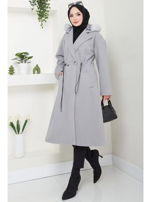 Gri Kapüşonlu Beli Büzgülü Kaşe Kaban Gri Kapüşonlu Beli Büzgülü Kaşe Kaban