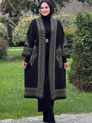 Simli Etnik Desen İşleme Detaylı Triko Hırka Siyah Gold