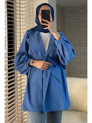 Mavi Kabartma Desenli Trençkot