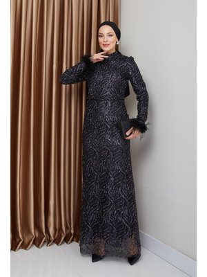Siyah Tüy Detaylı Glitter Abiye Elbise Siyah Tüy Detaylı Glitter Abiye Elbise