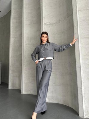 Gri Cep Detaylı Geniş Paça Crop Gömlek Takım Gri Cep Detaylı Geniş Paça Crop Gömlek Takım