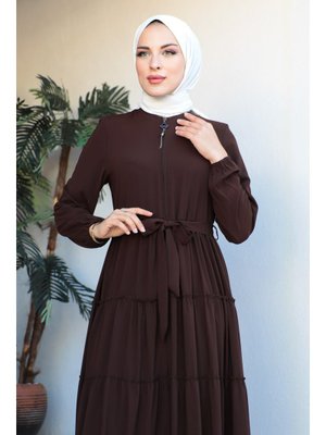 Kahverengi Katlı Büzgülü Ferace