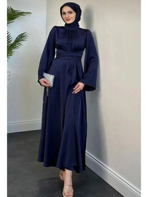 İspanyol Kol Beli Dolamalı Saten Abiye Elbise