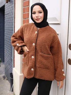 Kahverengi Deri Biyeli Peluş Çeket