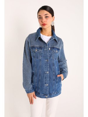 Koyu Mavi Taşlı Kot Ceket