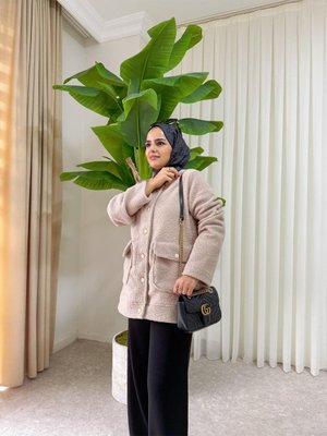 Düğmeli Tedy Yumuşak Hırka Ceket Bej