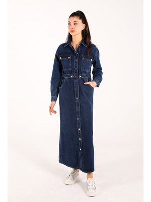 Koyu Mavi Çıtçıtlı Kot Elbise