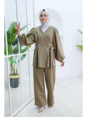 Yeşil Balon Kol Scuba Kimono Takım