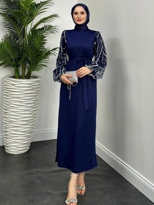 Angelica Kolları Simli Abiye Elbise Lacivert Angelica Kolları Simli Abiye Elbise Lacivert