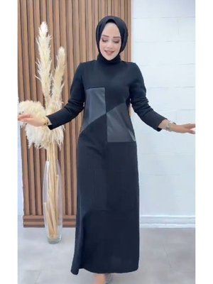 Kristal Pamuklu Kumaş Deri Detaylı Şık Elbise