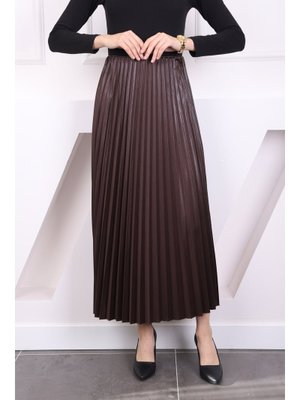 Kahverengi Deri Görünümlü Piliseli Etek