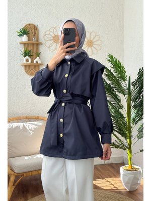 Lacivert Kuşaklı Kısa Trençkot
