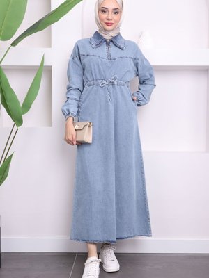 Mavi Bel Büzgülü Cepli Kot Elbise Mavi Bel Büzgülü Cepli Kot Elbise