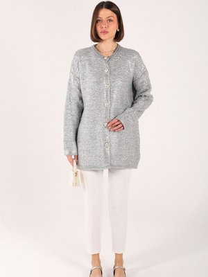 Gri Varaklı Düğmeli Hırka