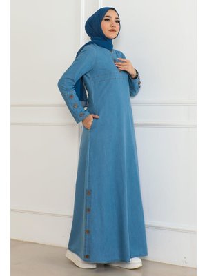 Açık Mavi Düğme Detaylı Cepli Kot Elbise