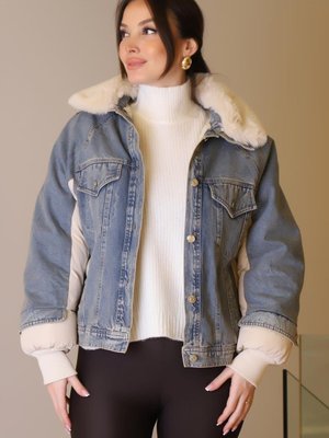 Lacivert Yakası Kürklü Kot Mont Lacivert Yakası Kürklü Kot Mont