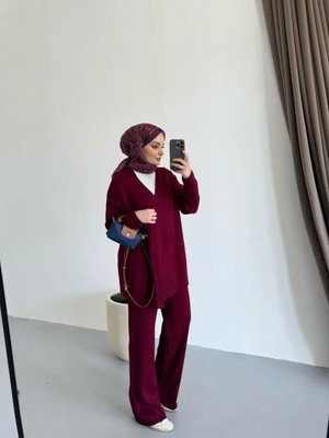 Yandan Bağlamalı Triko Takım Bordo