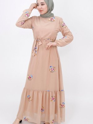 Bej Çiçek Nakışlı Şifon Elbise Bej Çiçek Nakışlı Şifon Elbise