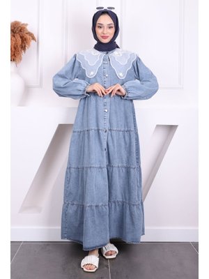 Mavi Yaka Tüllü Düğmeli Kot Elbise Mavi Yaka Tüllü Düğmeli Kot Elbise