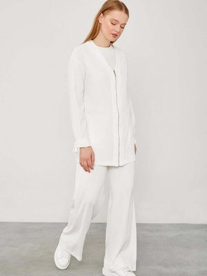 Ekru Fermuar Kapamalı Pantolonlu İkili Takım