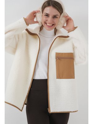 Camel Fermuarlı Oversize Peluş Ceket Mont Camel Fermuarlı Oversize Peluş Ceket Mont