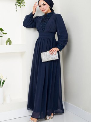 Pullu Şifon Abiye Elbise Lacivert Pullu Şifon Abiye Elbise Lacivert