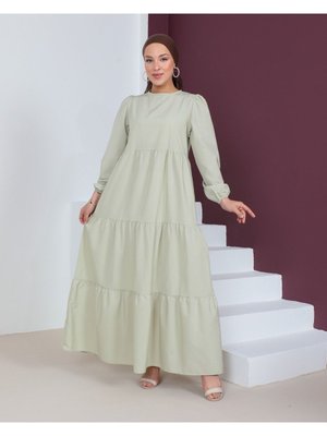 Su Yeşili Büzgülü Poplin Elbise Bisiklet Yaka