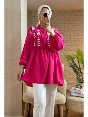 Fuşya Önü Çiçek Nakışlı Tunik