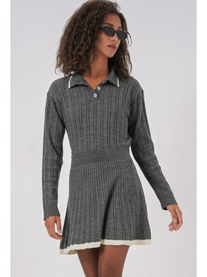 Antrasit Polo Yaka Kazak Etek Triko İkili Takım