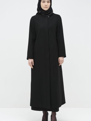 Gizli Pat Düğmeli Basic Manto Siyah